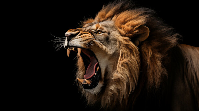 Portrait of a male lion roaring on a black background