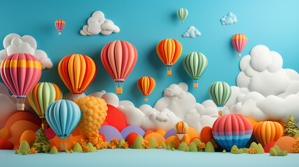 Colorful hot air balloons flying in the blue sky. 3D rendering