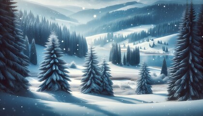 Illustration of snow covered pine trees in mountains.Winter landscape wallpaper.