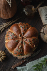 Fresh pumpkin bread in the shape of a pumpkin