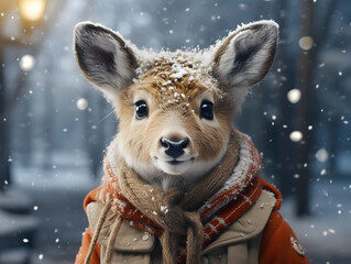 Cute little deer in warm clothes and scarf on winter street.