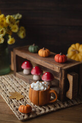 Cup of cocoa with marshmallows and autumn decoration behind