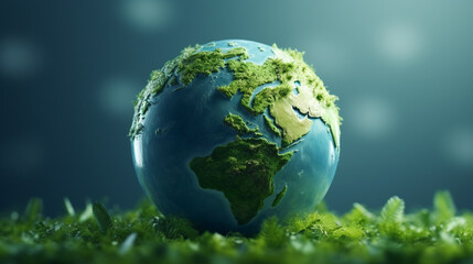 Obraz na płótnie Canvas Planet earth on green grass with bokeh background. 3d render