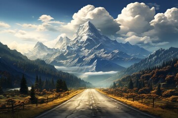 Empty road leading into mountains and clouds, mountain roads nature landscape background
 - Powered by Adobe
