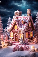A festive Christmas scene featuring a charming gingerbread house. Perfect for holiday-themed designs and decorations.