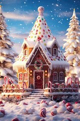 A festive Christmas scene featuring a ginger house surrounded by trees. This picture can be used to capture the holiday spirit and the joy of Christmas celebrations.