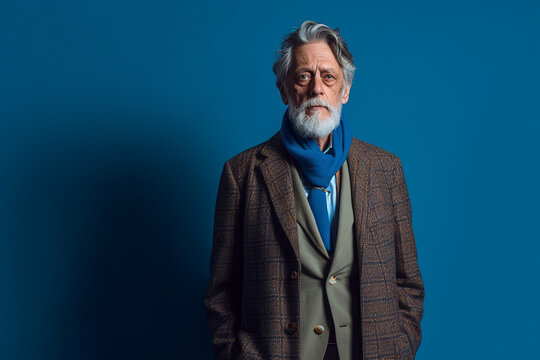 Older, Elegant Man in a Business Suit Poses Gracefully Against a Serene Blue Background, Symbolizing Timeless Sophistication and Authority, AI generated