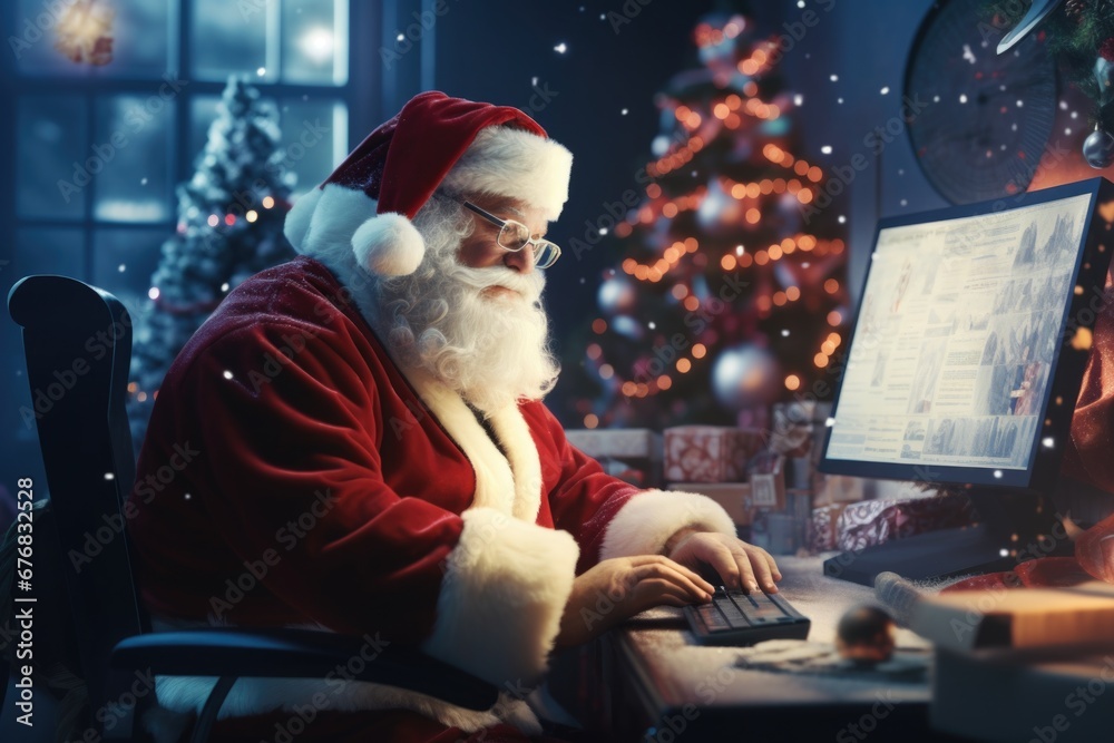 Poster Santa Claus is sitting at a desk and using a computer. This image can be used to represent Santa Claus managing his Christmas operations or Santa Claus working in his office.