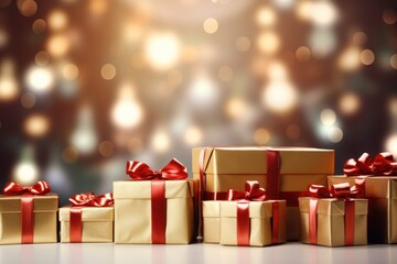 A collection of beautifully wrapped gold gift boxes adorned with vibrant red bows. Perfect for any special occasion or festive celebration.