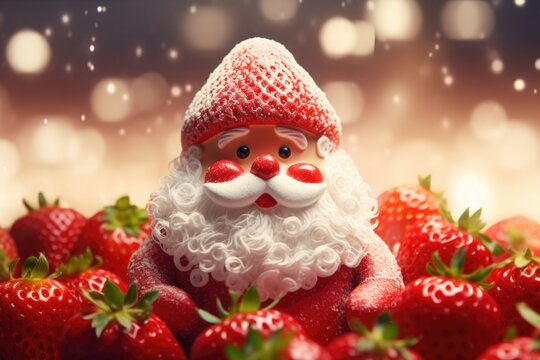 A close-up view of a Santa figurine surrounded by fresh, juicy strawberries. This festive image can be used to add a touch of holiday cheer to greeting cards, advertisements, and social media posts.