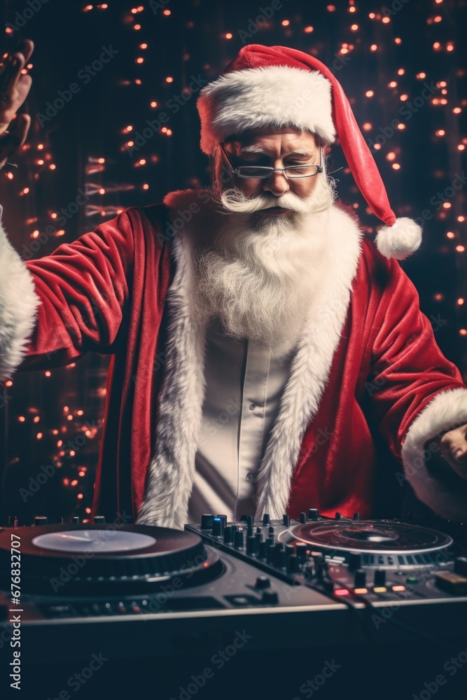 Poster a man dressed as santa claus is seen playing as a dj at a party. this image can be used to depict ch
