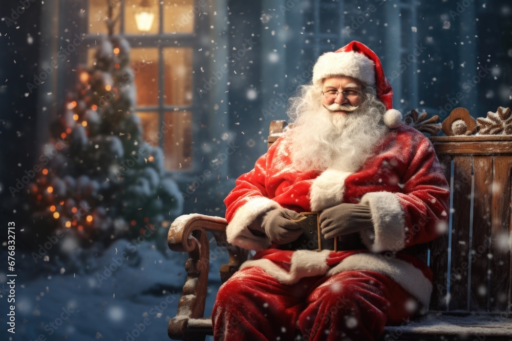Poster a picture of santa claus sitting on a bench in the snow. this image can be used for various holiday-