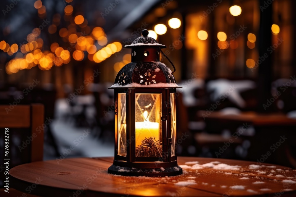 Poster a lit candle sitting on top of a wooden table. perfect for adding a cozy and warm atmosphere to any 