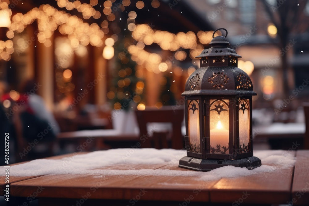 Poster A lantern sitting on top of a wooden table. This versatile image can be used to add a warm and cozy atmosphere to various design projects.