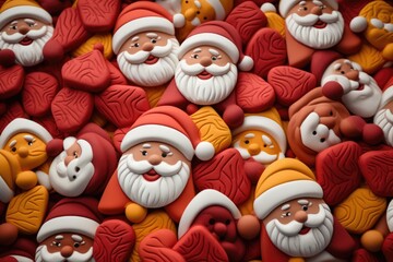 Fototapeta na wymiar A large pile of Santa Claus buttons. This image can be used for various holiday-themed designs and crafts