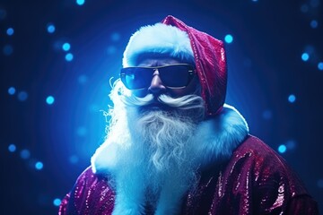 A man dressed as Santa Claus wearing sunglasses and a beard. Perfect for holiday events and parties