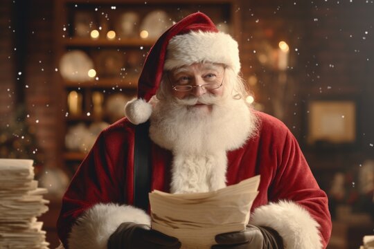 A picture of a man dressed as Santa Claus reading a letter. This image can be used to depict the joy and excitement of Christmas, as well as the anticipation of receiving letters from children.