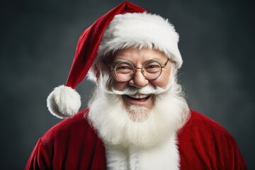 Naklejka premium A man dressed in a Santa Claus suit and wearing glasses. This picture can be used for Christmas-themed designs or holiday promotions