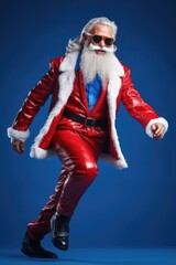 Fototapeta na wymiar A man dressed in a Santa suit and sunglasses. This image can be used for Christmas and holiday-themed designs, advertisements, or social media posts