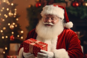 A man dressed as Santa Claus holding a beautifully wrapped present. Perfect for holiday-themed designs or Christmas promotions