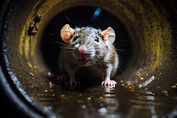 underground dirty rat walking in sewer pipe 