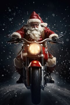 Santa Claus is pictured riding a motorcycle in the snow. This image can be used for Christmas-themed designs and holiday promotions