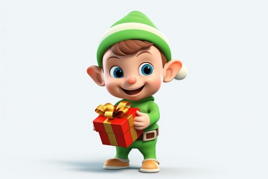 A cute cartoon elf holding a brightly wrapped gift box. Perfect for holiday and celebration themed designs