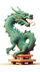 Fototapeta premium Green dragon statue isolated on white background. Cartoon style illustration. Happy Chinese New Year 2024. Poster with a green wooden dragon.