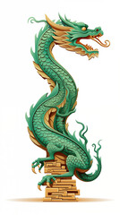 Fototapeta premium Green dragon statue isolated on white background. Cartoon style illustration. Happy Chinese New Year 2024. Poster with a green wooden dragon.