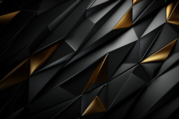 An abstract, geometric pattern featuring glossy black and matte gold triangular facets, artistically arranged to create a dynamic and luxurious three-dimensional effect. - obrazy, fototapety, plakaty