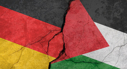 Germany and Palestine flags, concrete wall texture with cracks, orange background, military conflict concept
