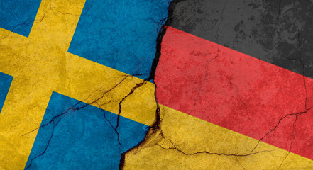 Sweden and Germany flags, concrete wall texture with cracks, grunge background, military conflict concept