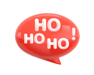 Ho Ho Ho! Quote. Trendy white glossy 3D lettering text phrase on red Speech Bubble. Modern Logo for print and advertising. Santa Claus, Christmas, Xmas, New Year design. Cartoon 3d vector graphics