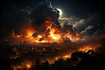 Generative ai collage image picture of demolish city burn in flame fire nuclear bomb explosion