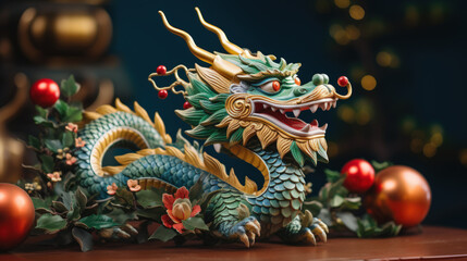 Traditional Chinese green dragon figurine against a Christmas background. Symbol 2024