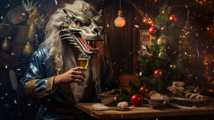 Man in a Chinese dragon mask with a glass of champagne against a Christmas background. Symbol 2024