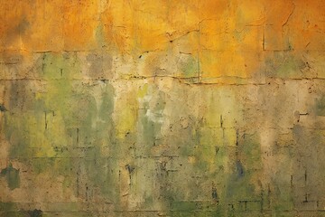 Texture of old rustic wall covered with yellow and green stucco