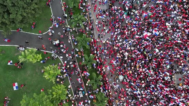 Aerial views from over the protesters on Avenida Balboa protesting against the First Quantum Copper mining contract, downtown Panama City, Panama