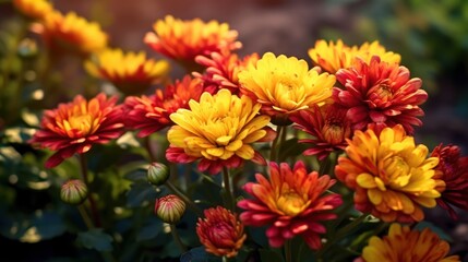 Colorful chrysanthemum flowers bloom in the garden. Mother's day concept with a space for a text. Valentine day concept with a copy space.
