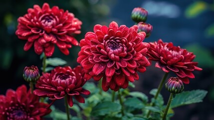Beautiful red chrysanthemum flowers in the garden. Mother's day concept with a space for a text. Valentine day concept with a copy space.