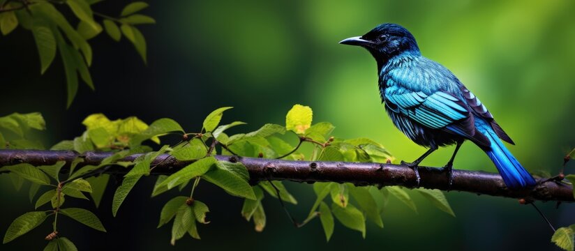 In the beautiful natural environment a tree with vibrant green leaves stands tall providing the perfect background for a cute black bird with glossy feathers Its colorful plumage a mix of bl