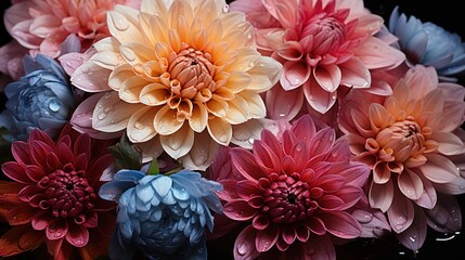 Colorful dahlia flowers close-up on a dark background. Mother's day concept with a space for a text. Valentine day concept with a copy space. - obrazy, fototapety, plakaty