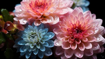 Colorful dahlia flowers with water drops on black background. Mother's day concept with a space for a text. Valentine day concept with a copy space.