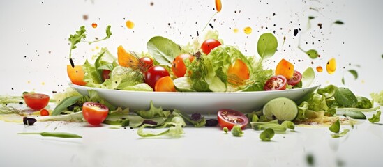 In the background of this vibrant food photography a crisp green leaf contrasts against the pure white plate enticingly adorned with a colorful array of organic vegetables including juicy to - Powered by Adobe