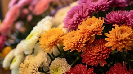 Colorful chrysanthemum flowers in the market for sale. Mother's day concept with a space for a text. Valentine day concept with a copy space.