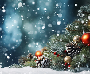Fototapeta na wymiar christmas tree decoration in front ob snowfall bokeh