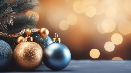 christmas decoration with christmas balls on the ground in front of a bokeh background with golden lights