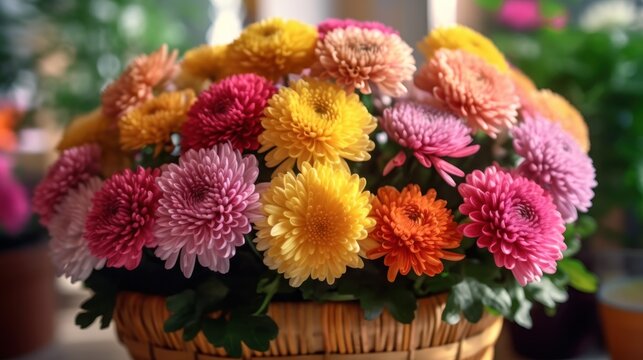 Colorful chrysanthemum flowers in basket, closeup. Mother's day concept with a space for a text. Valentine day concept with a copy space.