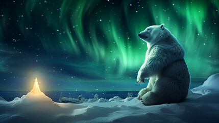 A fat polar bear sits in the middle of the snowy night tundra next to a glowing lantern and watches the northern lights.