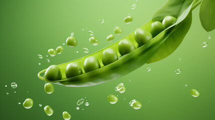 Beautiful composition with opened pea pod and water drops on a green background.